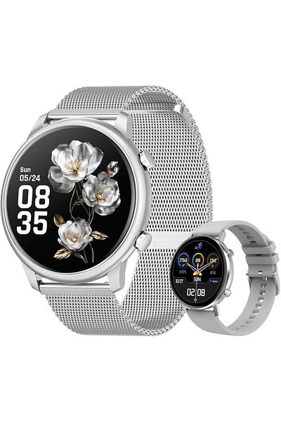 Smart Vibe SmartWatch ACTIVE™ 1.3" FULL Touch, Health Monitoring, 24/7 Fitness Tracker, 2 Bracelets, Silver