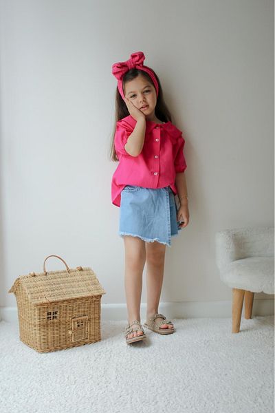 SANTRALBEBE Girl's Embroidered Collar Shirt and Denim Skirt Suit
