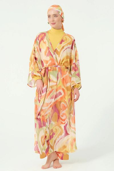 Bordomix 7114 Women's Yellow Patterned Detailed Belted Long Pareo - Beach Dress