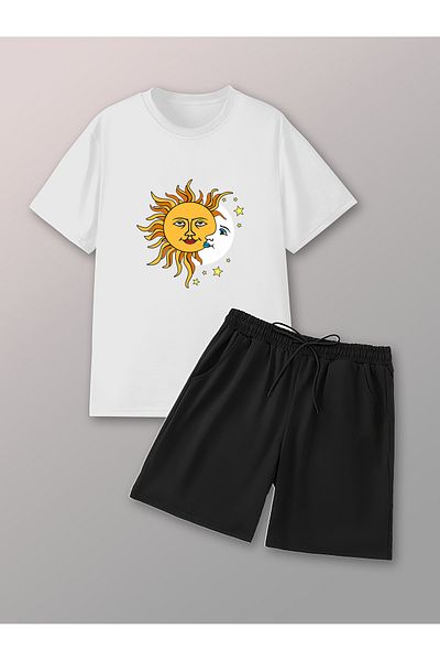 uyguntarz Σετ σορτς μπλουζάκι με στάμπα Unisex Sun Moon Design