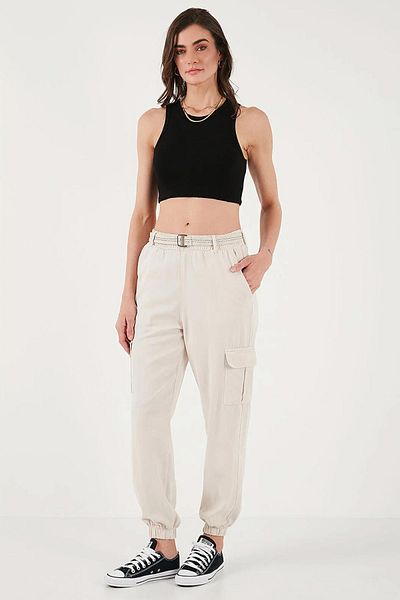 TENA Women's Stone Palaska Belted Cargo Pocket Elastic Leg Gabardine Trousers