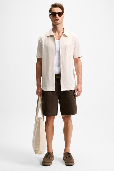 GRIMELANGE Ermano Men's Regular Fit Short Sleeve Shirt Collar Buttoned Cream Shirt