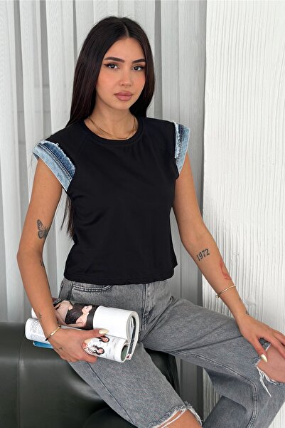 FEMELLE Women's Black Sleeveless Denim Detailed 100% Cotton T-Shirt