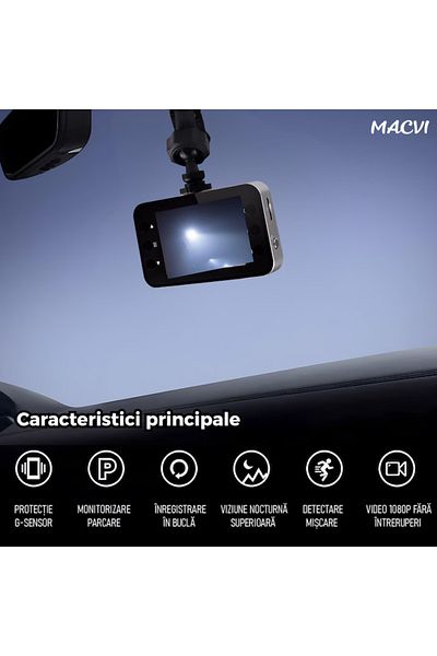MACVI Camera Auto Macvi® DVR Full HD 1080P cu Ecran 2.7" Night Vision, Unghi Larg 140°, Card 32GB Inclus