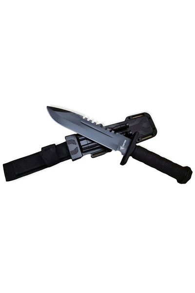 Foxter Cutit tactic de vanatoare si camping, 31 cm, fluier si cremene, otel inoxidabil, negru