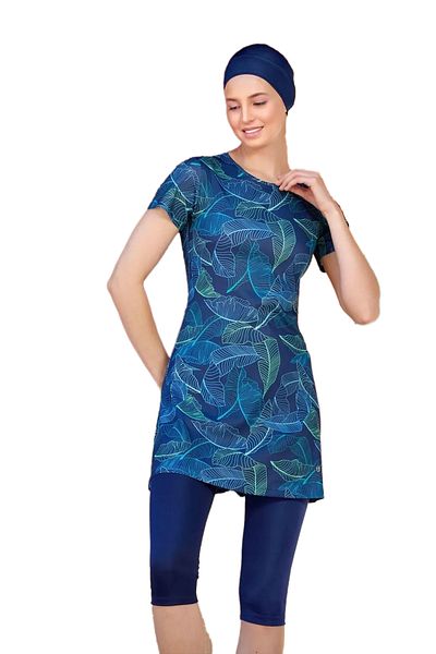 Bravie Women's Short Sleeve Soft Patterned Capri Plus Size Half Hijab Swimsuit - - 9304