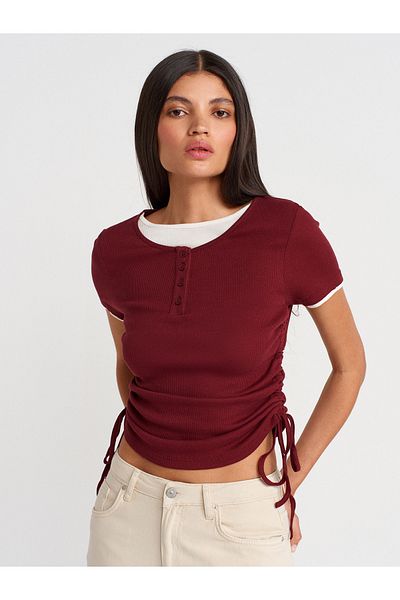 Dilvin 31816 Double Layer Gathered T-Shirt-Light Claret Red