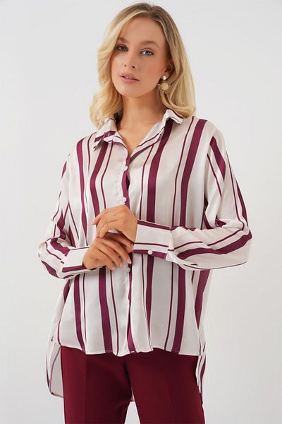 modaserdem Striped Long Satin Shirt 20291 - Burgundy