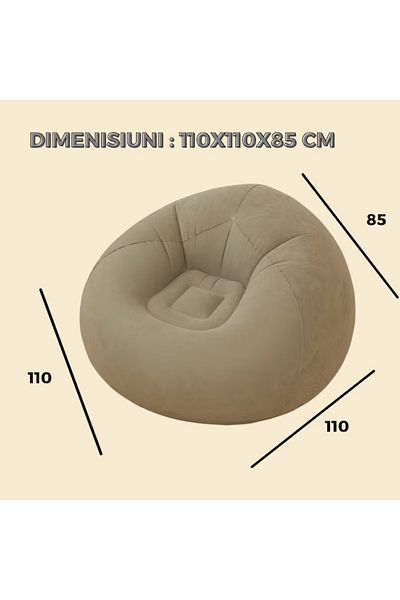 MACVI Fotoliu Gonflabil Macvi® Lazy Bag cu pompa inclusa, 110x110x85 cm, Portabil, Interior/Exterior, Gri