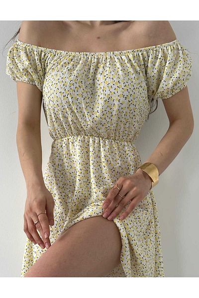gigigiyim Rochie de damă cu decolteu barcă din țesătură cu model floral, galbenă