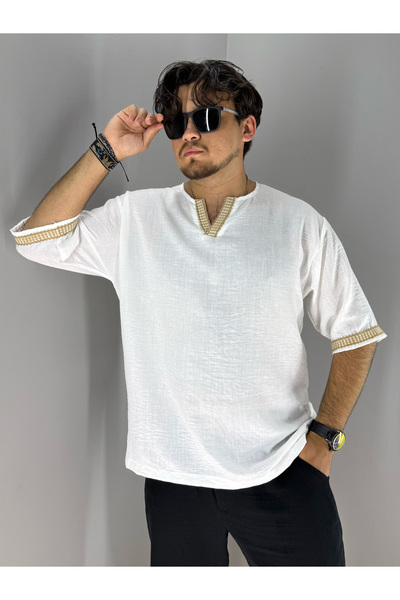 MARESHAL Muesli Straw Collar and Sleeve Detailed T-Shirt (White)