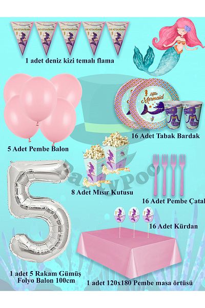 PartyPoo Mermaid Birthday Set 16 People Party Balloons, Birthday Ornaments, Birthday Party Set