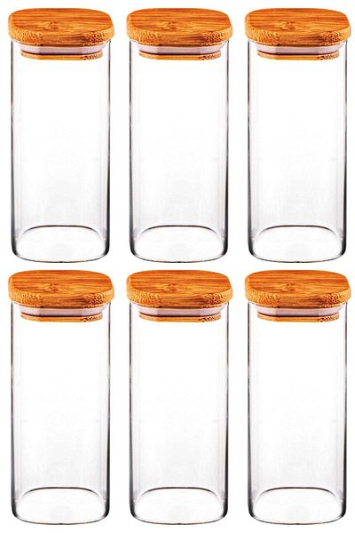 tios home 430ml Wooden Beech Wood Lid Vacuum Acrylic Spice Rack Storage Box 6 Pcs