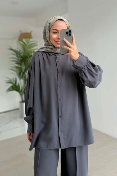 Ka Hijab Pile Detailed Double Suit - Anthracite