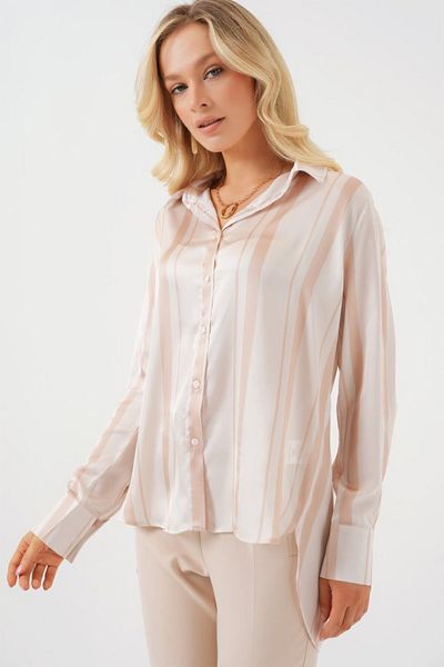 modaserdem Striped Long Satin Shirt 20291 - Beige