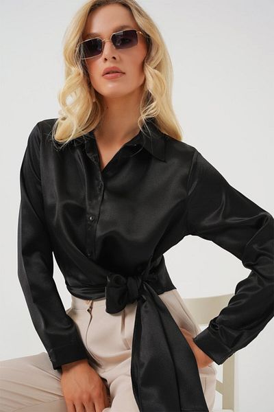 modaserdem Tie-Up Long Sleeve Satin Shirt 20287 - Black