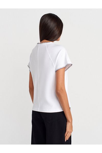 Dilvin 31824 Raglan Sleeve Contrast Stitching Detailed T-Shirt-White