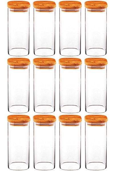 tios home 430ml Wood Beech Wood Lid Vacuum Acrylic Spice Rack Storage Box 12 Pcs