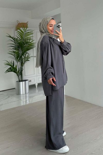 Ka Hijab بدلة مزدوجة بتفاصيل كومة - أنثراسايت