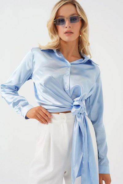 modaserdem Tie-Up Long Sleeve Satin Shirt 20287 - Blue