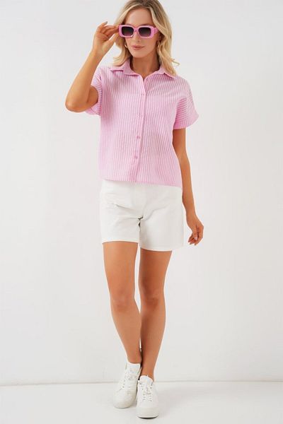 modaserdem Striped Short Sleeve Shirt 20324 - Pink
