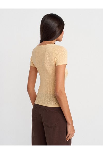 Dilvin 10755 Short Sleeve Lace Textured Thin Knitwear Blouse-T.Yellow