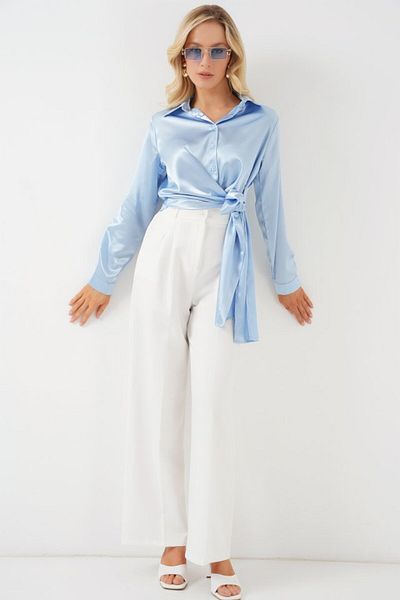 modaserdem Tie-Up Long Sleeve Satin Shirt 20287 - Blue