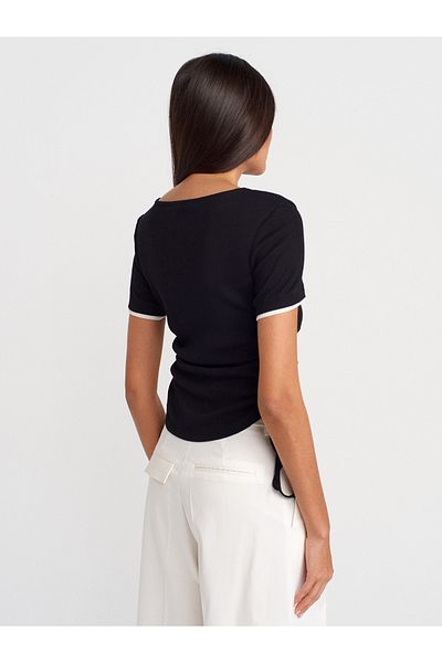 Dilvin 31816 Double Layer Gathered T-Shirt-Black