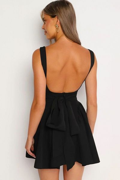 FashionForYou MARA day dress, with bow at the back and babydoll cut, Black, Size S/M/L