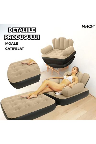 MACVI Fotoliu Gonflabil Macvi® XL 2 in 1 Portabil, Interior/Exterior, Camping/Plaja, 100x88x90 cm, Maro