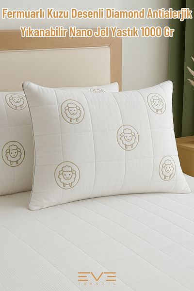 Eve Tekstil Zippered Lamb Patterned Diamond Antiallergic Washable Nano Gel Pillow – 1000 Gr (50X70 cm)
