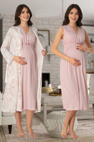 Genel Markalar Pudra Dantel Tasarım Kalın Askılı Lohusa Hamile Gecelik-Sabahlık Pijama Takım 4'lü Set