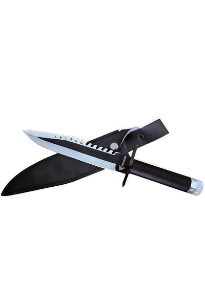 Foxter Cutit tactic Rambo Finka, 35 cm, lama din otel, maner metalic invelit cu sfoara, teaca, negru