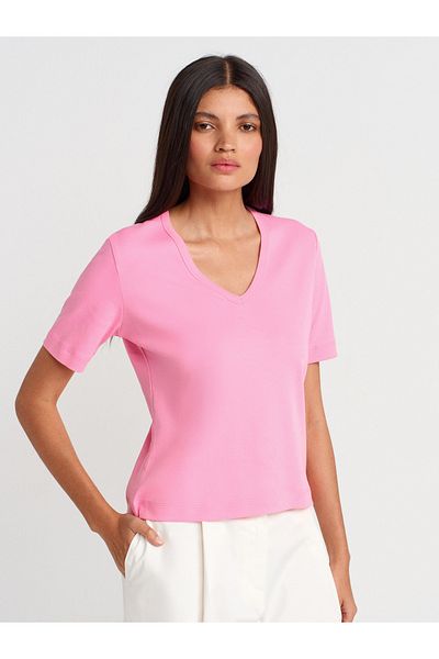 Dilvin 31840 V-Neck Short Sleeve T-Shirt-Pink