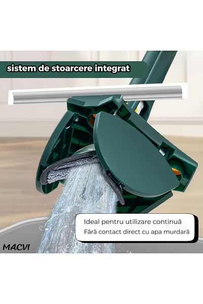 MACVI Mop cu Cap Inima Macvi® 360° Telescopic, 127 cm, Verde, Cap Rotativ si Lavete Microfibra