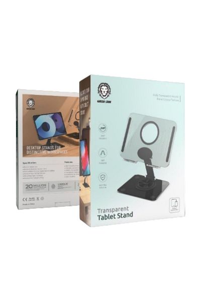 Green Lion Transparent Tablet Stand with 360° Rotating Base, 180° Foldable, Anti-Slip Silicone, 36