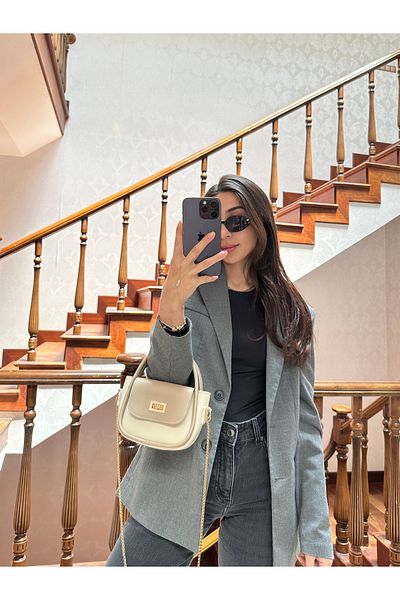 NOTHING Women's Gold Lock Detailed Adjustable Chain Strap Mink Cream Hand Shoulder and Crossbody Bag Lora
