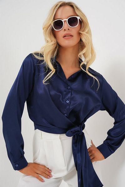 modaserdem Tie-Up Long Sleeve Satin Shirt 20287 - Navy Blue