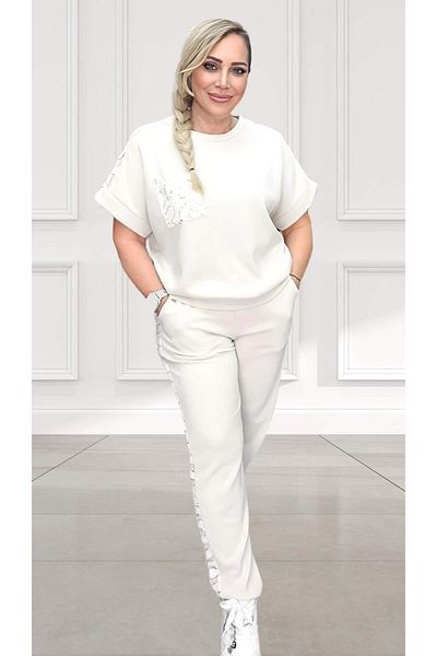 STLB Pocket Print Short Sleeve Blouse/Side Print Pants Set