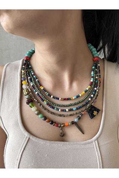 dela otantik Çok Sıralı El Yapımı Bohem Kadın Kolye – Renkli Boncuklu Otantik...