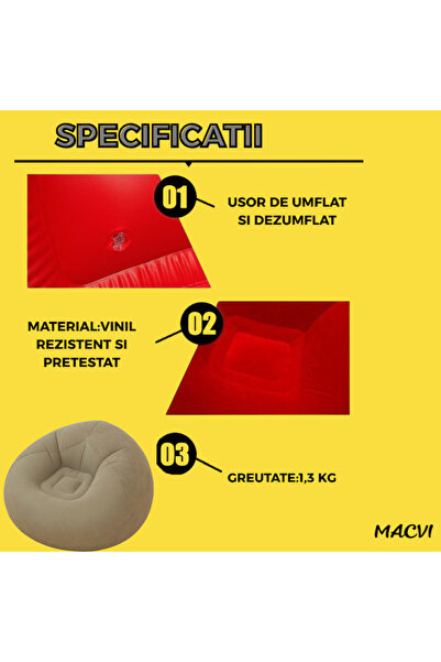 MACVI Macvi® Lazy Bag Inflatable Lounger with Pump Included, 110x110x85 cm, Portable, Indoor/Outdoor, Gray