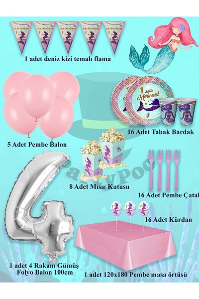 PartyPoo Mermaid Birthday Set 16 People Party Balloons, Birthday Ornaments, Birthday Party Set