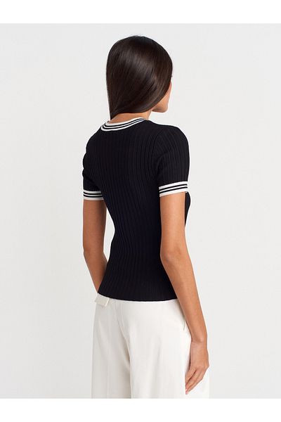 Dilvin 10765 Crew Neck Striped Knitwear Blouse-Black-Ecru