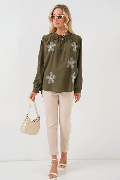modaserdem Long Sleeve Embroidered Knitted Blouse 951 - Khaki
