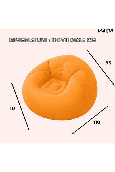 MACVI Fotoliu Gonflabil Macvi® Lazy Bag, pompa inclusa, 110x110x85 cm, Portabil, Interior/Exterior, Oranj