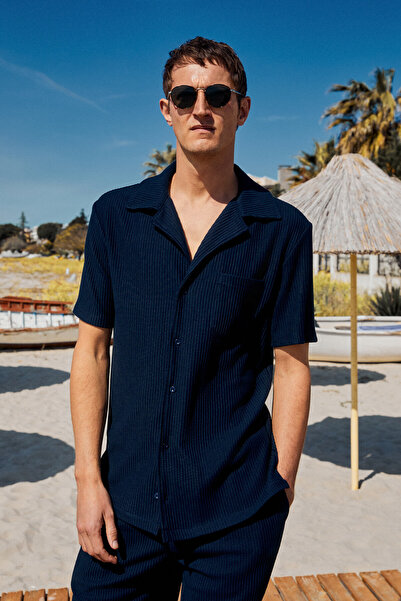 GRIMELANGE Ermano Men's Regular Fit Short Sleeve Shirt Collar Buttoned Navy Blue Shirt