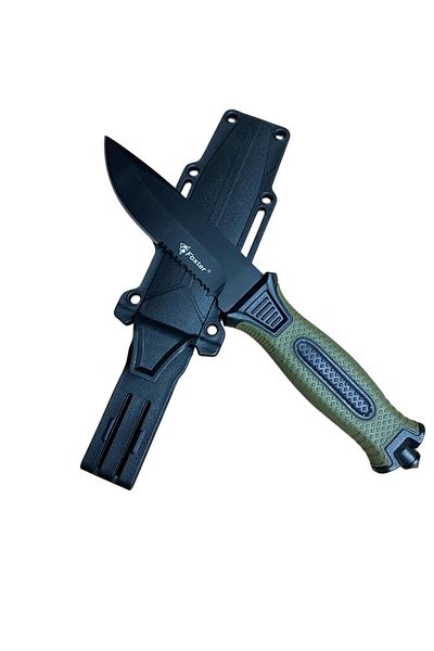 Foxter Cutit militar tactic, 25 cm, cu dispozitiv de spart geamuri, toc, verde