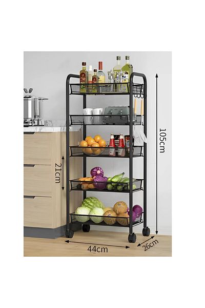 Herum Organizator versatil cu 5 rafturi din plasă metalică și roți, structură metalică, negru, 44 x 26 x 105 cm