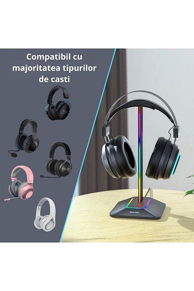 OEM Gaming headset stand, Disco-stand, Anti-slip, RGB lighting, USB, Black