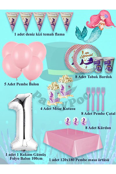 PartyPoo Mermaid Birthday Set 8 People Party Balloons, Birthday Ornaments, Birthday Party Set